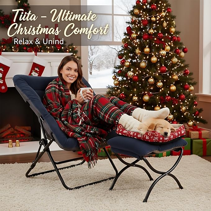 Tiita Folded Chair with Ottoman, Soft Faux Fur Oversized Folding Accent Chair,Lazy Chair, Metal Frame Moon Chair for Bedroom, Living Room, Dorm Rooms, Garden and Courtyard
