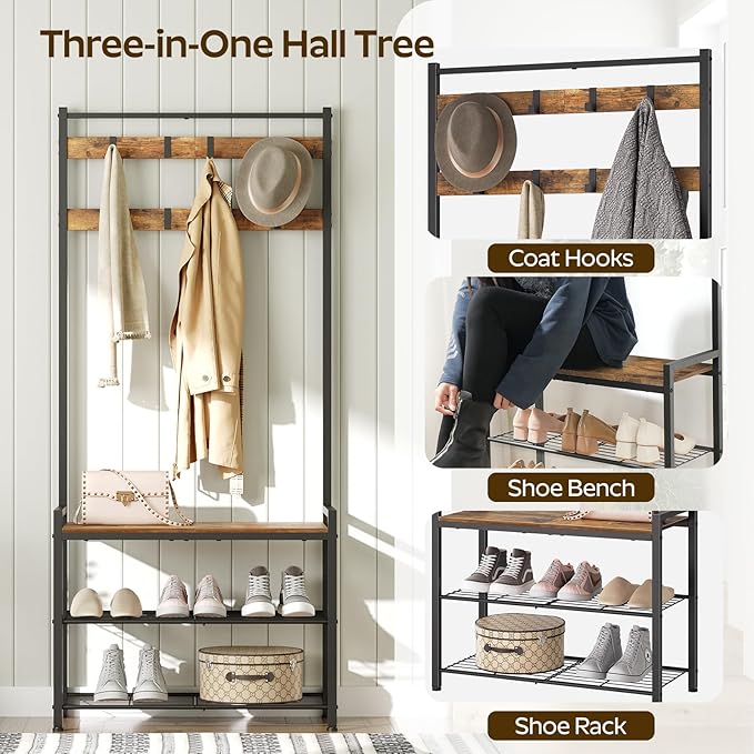 YATINEY Hall Tree, Coat Rack with Shoe Bench, Entryway Bench with Shoe Storage, Multifunctional Entryway Storage Organizer, Metal Frame and 8 Movable Hooks, for Hallway, Rustic Brown MT01BR