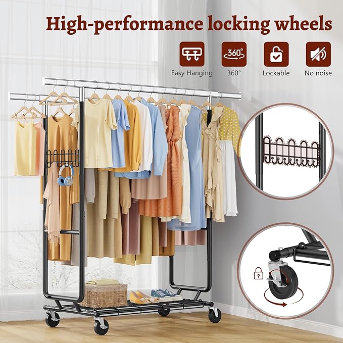 FAVOOSTY Heavy Duty Clothes Rack for Hanging Clothes Double Rods, Rolling & Extending Clothing Rack with Wheels, Garment Coat Rack Freestanding, Portable Clothes Rack, Black
