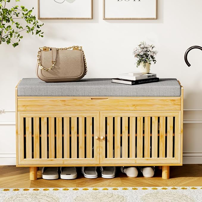 oakvivo Bamboo 35.4in Shoe Storage Bench with Lift Top Storage & Padded Seat Cushion, 2-Tier Shoe Rack Cabinet with 2 Doors for Entryway, Living Room, Bedroom, Mudroom, Natural