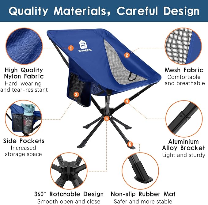 Raynesys 2 Pack Portable Camping Chair, Flexible 360° Rotation, 8 Seconds Quick Setup Folding Camping Chair, 3.8Lb Lightweight Travel Chairs for Easy Carry to Hiking, Sporting, Beach, Blue