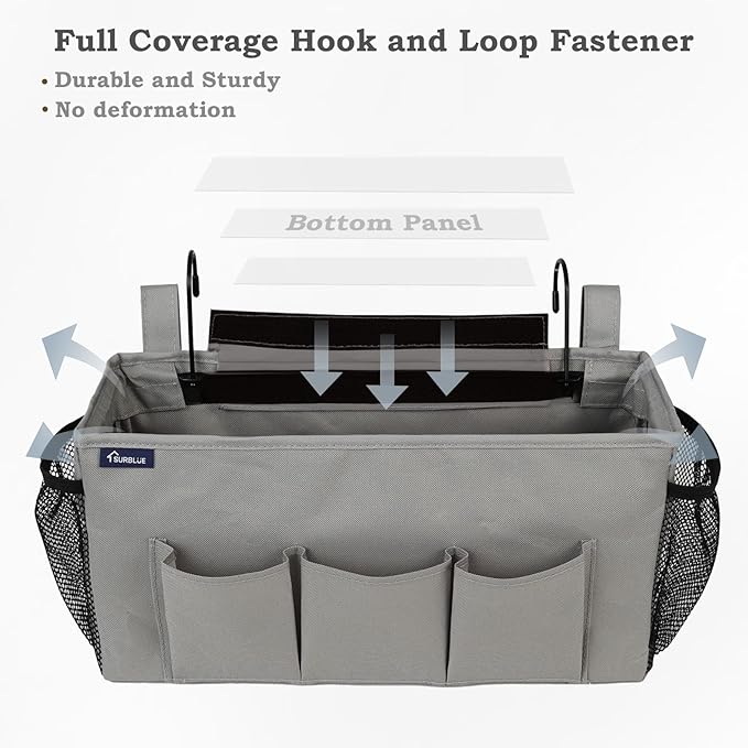 Surblue Bedside Organizer with Hook Caddy Hanging Storage Bag with Adjustable Straps and Water Bottle Holder for Home, College Dorm, Hospital Bed, Grey, 2PCS