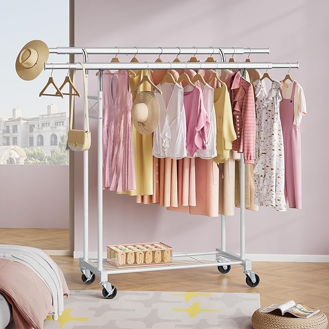 FAVOOSTY Clothes Rack for Hanging Clothes Double Rods, Rolling & Extending Clothing Rack with Wheels, Garment Coat Rack Freestanding, Portable Clothes Rack, White