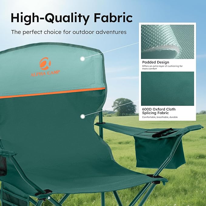 ALPHA CAMP Camping Chairs 350LBS Capacity, Heavy Duty Folding Chair with 4-Can Cooler Bag, Portable Outdoor Chair with Cup Holder for Adults, Collapsible for Tailgating, Beach, Fishing