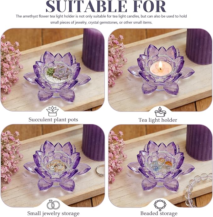 Crystal Flower Jewelry Tray, Transparent Decorative Trinket Dish for Rings, Earrings, Necklaces, Keys for Vanity Dresser Nightstand, Elegant Gift for Women Mother's Day (2, 4.4"(w) - Purple)