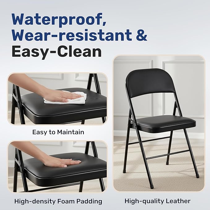 Simple Deluxe 6 Pack Folding Chairs with Leather Padded Cushion Seats & Durable Metal Frame, Comfortable, Foldable, Portable, Commercial Event Seat, Indoor Outdoor for Parties, Home, Office, Black