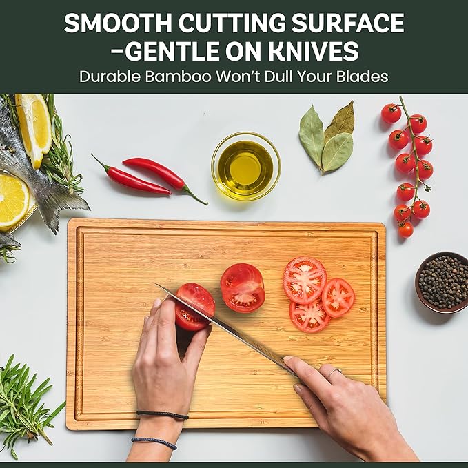 Bamboo Cutting Board for Kitchen - 18" Extra Large Wooden Cutting Board, Heavy Duty Chopping Board with Side Handles, Deep Juice Groove, Reversible Charcuterie & Cheese Board for Meat and Serving