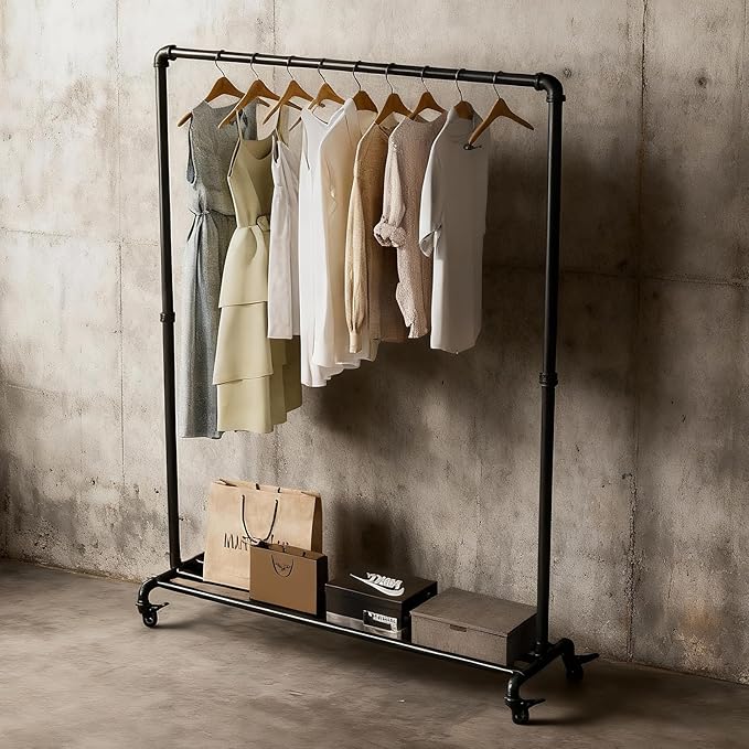 Industrial Pipe Clothing Rack with Wheels,Heavy Duty Rolling Garment Rack,Metal Clothes Rack with Bottom Storage Shelf,Mobile Clothing Rack for Hanging Clothes for Bedroom Laundry Room Boutique