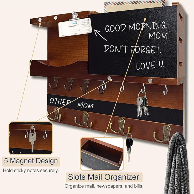 Key Holder for Wall Mount with Shelf and Mail Organizer, Key and Mail Holder with 16 Hooks, Farmhouse Entryway Organizer, Home Decor Rack(Pine Wood, Brown)