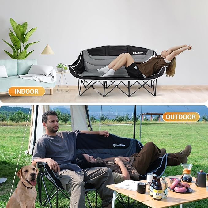 KingCamp 3 Person Camping Chair, Oversized 1100lbs Heavy Duty Loveseat for Adults Portable Folding XL 2 Person Couch Padded Comfortable Three Seat with Cup Holder for Outdoor Lawn, Khaki/Coffee