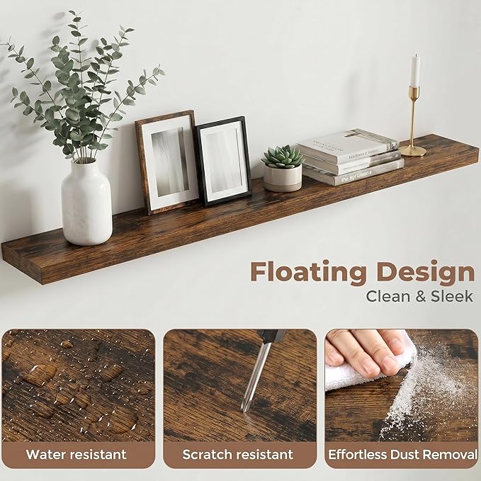 Venusmiles Floating Shelves for Wall, 55 Inch Floating Shelves Set of 2, 6.5" D Wooden Wall Mounted Display Shelves with Invisible Brackets for Living Room, Bedroom, Bathroom, Kitchen Decor, Brown
