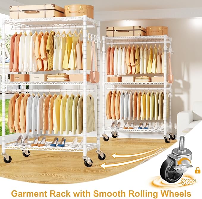 ULIFHOME P1 Rolling Clothes Rack Heavy Duty, Metal Closet Clothing Rack with Lockable Wheels, Portable Wardrobe Closet for Hanging Clothes, 35.5" W x 15.7" D x 80.5" H, Hold 500lbs, White