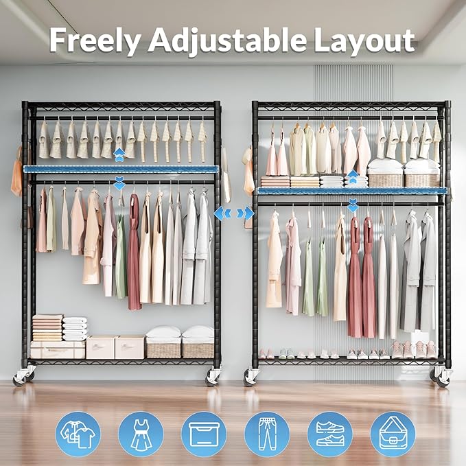 Rolling Clothes Rack Heavy Duty, Free Standing Garment Rack with Wheels, Portable Closet Rack, Closet Organizer System with 35.4" W x 15.7" D x 76" H, Max Load 500Lbs (Black)