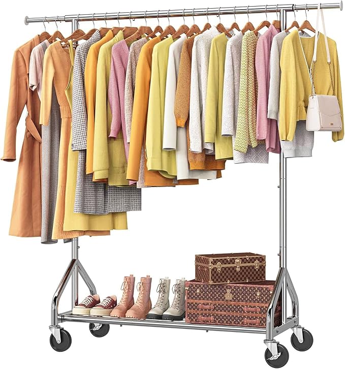 Simple Trending Heavy Duty Clothes Rack Load 450 LBS, Clothing Rack for Hanging Clothes, Garment Rack with Wheels & Shelves, for the Bedroom, Laundry Room