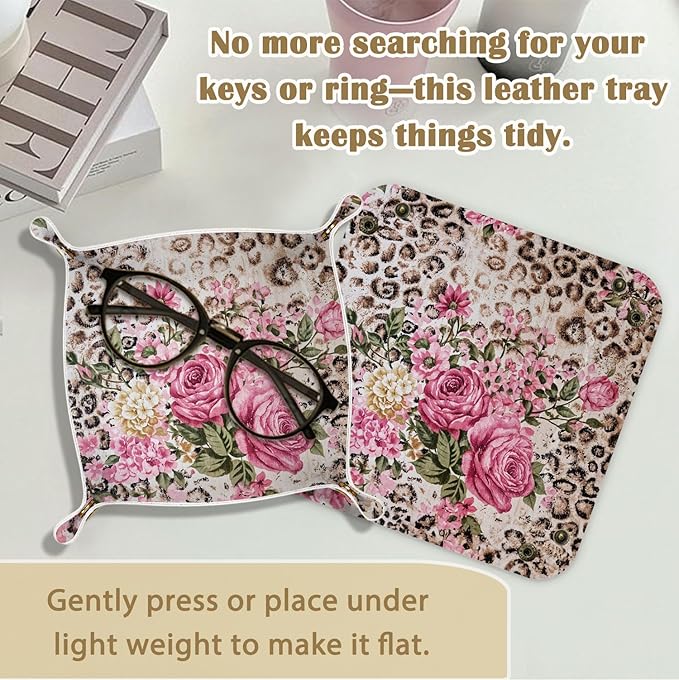 Leopard Print Gifts for Women Vintage Leopard Floral Jewelry Valet Tray, Cheetah Print Gifts PU Leather Catchall Beside Caddy Nightstand Organizer Tray for Rings Watches Keys, 7.87x7.87in