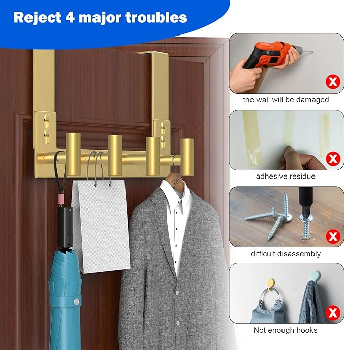 PMMASTO Over The Door Hooks, Fits 1-3/4" Thick Door No Drill Hooks for Closet Bathroom Bedroom Organization, Hanger for Coat Towel Robe (Gold, 4 T-Hooks)