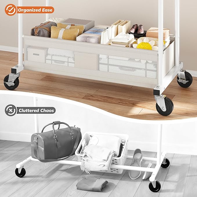 Clothes Rack Clothing Racks for Hanging Clothes, Rolling Clothes Rack Portable Clothing Rack, Double rod clothing rack with Storage Basket, Garment rack for Bedroom, Laundry Room, White