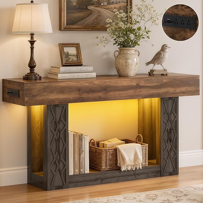 Unikito 63" Console Table with Outlets & LED Lights, Farmhouse Entryway Table with Unique Geometric Pattern, Sofa Table Behind Couch with 2-Tier Storage for Living Room, Hallway, Foyer, Grey & Brown