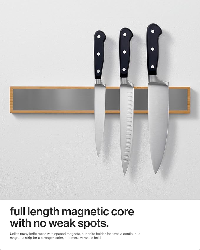 LARHN Magnetic Knife Holder for Wall, 16″ - Powerful Knife Magnetic Strip for Knives, Utensils and Tools - Not Compatible with Refrigerators - 100% Solid Bamboo