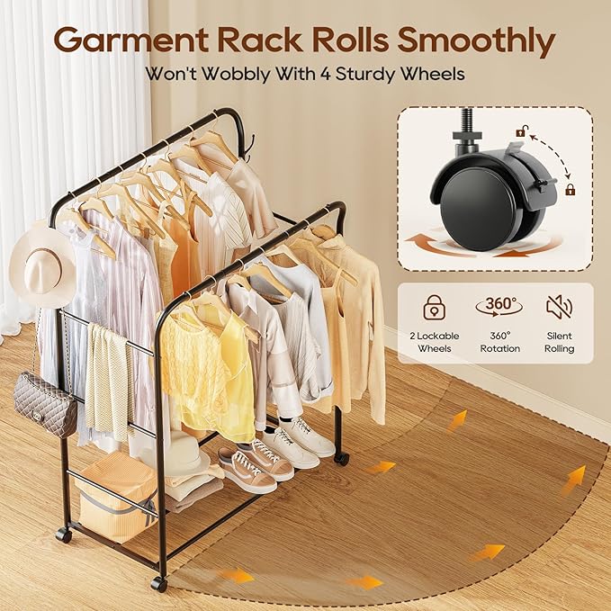 TigerParty Double Rods Clothes Rack for Hanging Clothes, Rolling Clothing Rack with Wheels, 6 Side Bars Freestanding Garment Racks for Bedroom Laundry Living Room