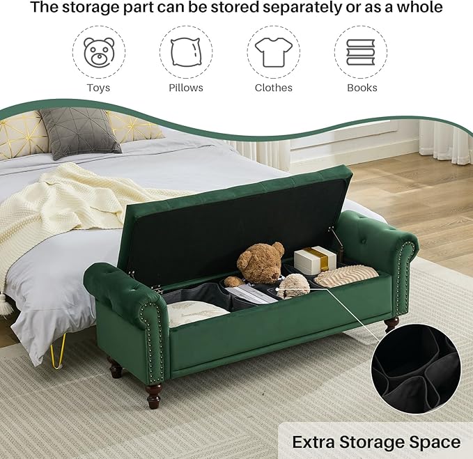 SOFTHION 58.1" Storage Bench Upholstered Velvet End of Bedroom Bed Bench Ottoman with Tufted Cushioned Rolled Arm Large Storage Space for Reading Living Room Entryway,Dark Green