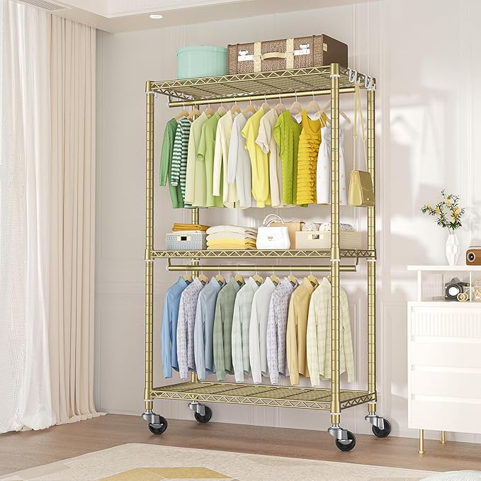 FUTASSI P3 Rolling Clothes Rack, Clothing Racks for Hanging Clothes, Heavy Duty Garment Rack with Wheels, Freestanding Portable Closet Racks 39.4'' W x 14'' D x 78.5'' H, Max Load 470 LBS, Gold