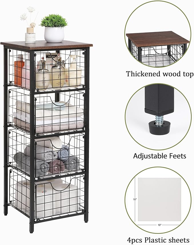 DINGTAI 5-Tier FreeStanding Storage Shelves with 4 Pull-Out Baskets,Bathroom Organizer Shelves Unit with WoodTop,Fruit Basket for Kitchen,Storage Tower Organizer Basket Cart for Bathroom，Black