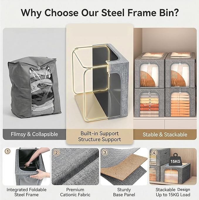 GoMaihe Blanket Storage Bins with Metal Frame, 6-Pack Large Closet Storage Bins with Lid & Clear Window, Comforter Bedding Storage Organizer for Walk-in Closet Cationic Fabric 55L