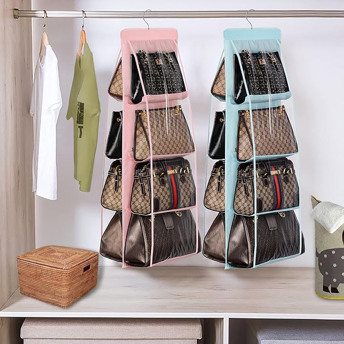 Lirex Handbag Hanging Purse Organizer for Closet, 8 Pocket Handbag Storage Organizer Hanger Oxford Cloth Closet Organizer for Family Closet Bedroom, Foldable and Universal Fit, Light Blue