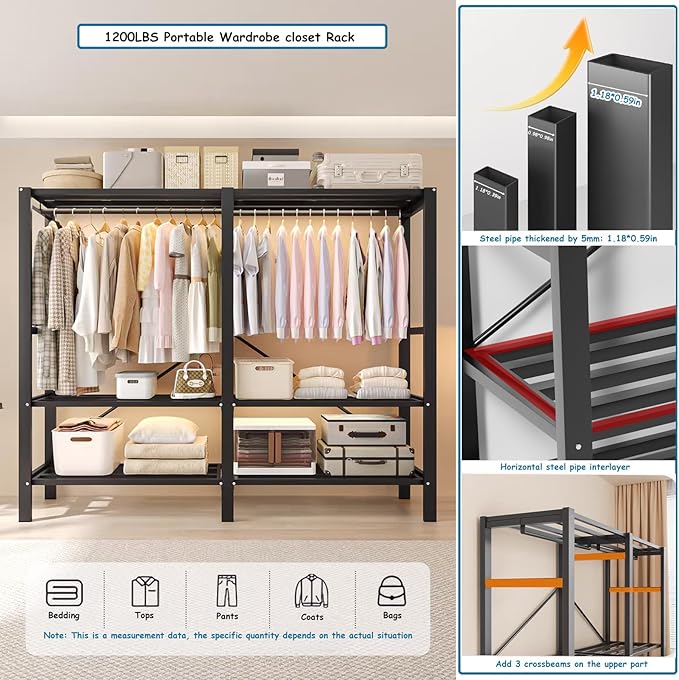 Heavy Duty Covered Clothes Rack with Magnetic Door Foldable Portable Wardrobe Closet for Hanging Clothing Rolling Black Metal Garment Rack on Wheels Closet System (Brown, 58.9in)