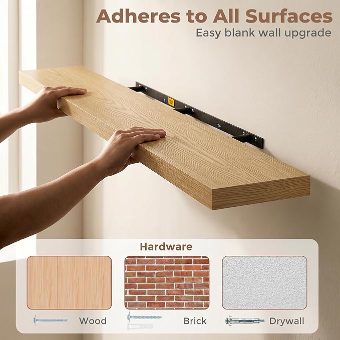 Venusmiles Floating Shelves for Wall, 36 Inch Floating Shelves Set of 2, 6.5" D Wooden Wall Mounted Display Shelves with Invisible Brackets for Living Room, Bedroom, Bathroom, Kitchen Decor, Oak