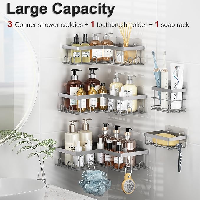 Liuoud Corner Shower Caddy 5 Pack, Rustproof Stainless Steel Shower Organizer with Soap Rack Toothbrush Holder, Large Capacity Adhesive No Drilling Bathroom Kitchen&Home Decor Set, Grey