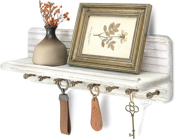 Rebee Vision Pine Wood Key Holder Wall Mount with Shelf – Farmhouse Key Holder for Wall for Home & Kitchen, Coat Rack with 8 Hooks – Rustic Mail Organizer for Entryway, Office (Distressed White)