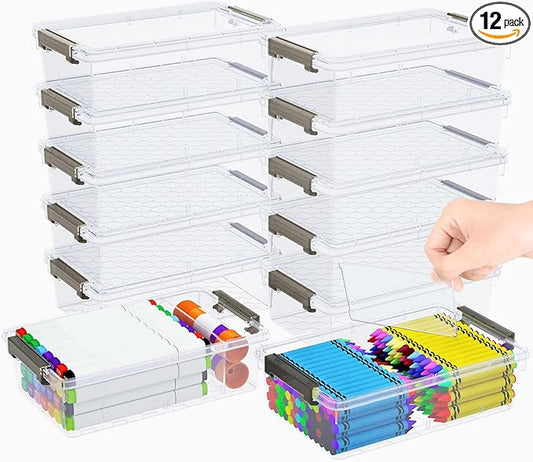 12 Pack Extra Large Pencil Box with Removable Divider, Thickened Pencil Case Bulk, Clear Crayon Marker Organizer Stackable Plastic Small Storage Containers for Pen Craft School Supplies(Grey)