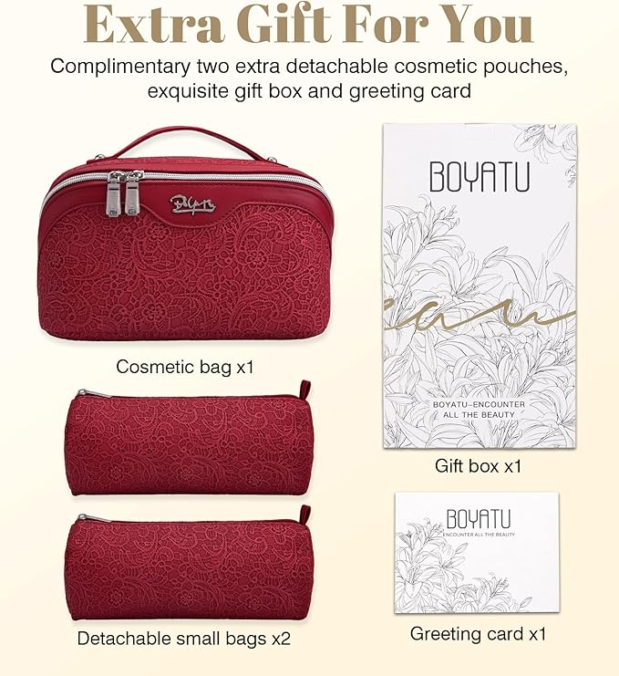 BOYATU Travel Makeup Bags Cosmetic Organizer Bag: 3 Pcs Set Large Capacity Make up Bag with Compartments - Waterproof Leather Toiletry Bags with Handle for Women (A-Red)
