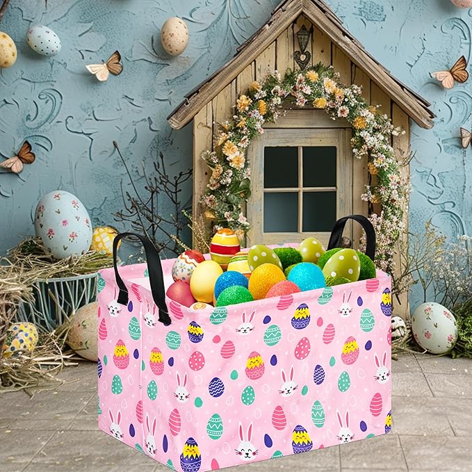 Rectangular Easter Basket Storage Bin for Shelves Cute Gifts Baskets Foldable Box with Handles for Boy and Girl Home Office Car Dormroom Easter Party Supplies