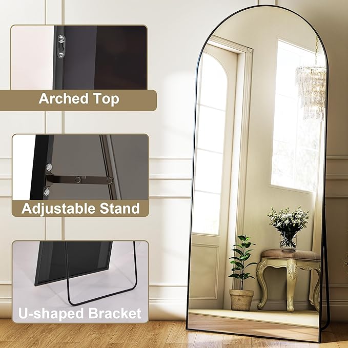Arched Full Length Mirror 64"x21", Floor Standing Body Mirror with Aluminum Frame,Leaning Hanging for Bedroom Cloakroom Living Room Black