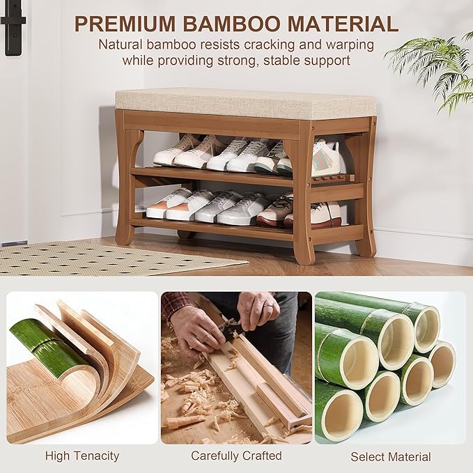 PETKABOO 27.6" Shoe Storage Bench with Cushion, Bamboo Shoe Rack Bench, 2-Tier Entryway Shoe Organizer, Supports up to 350 LB, for Hallway, Bedroom, Closet, Living Room