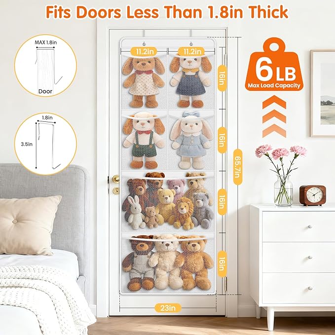 SpaceHacks Stuffed Animal Storage - Large Over the Door Organizer with 6 Expandable Mesh Pockets & Metal Hooks, Non-Woven Fabric Hanging Plush Items Holder for Nursery, Bedroom, Playroom (White)