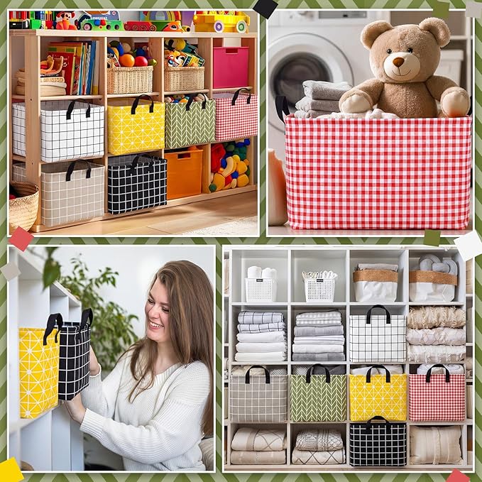 CHENGU 6 Pack Storage Basket with Handle Collapsible Canvas Bin for Gifts Plaid & Geometric Pattern Clothing Storage Bin Large Foldable Basket for Shelves, Closet, Nursery, Home Organization, 6 Colors