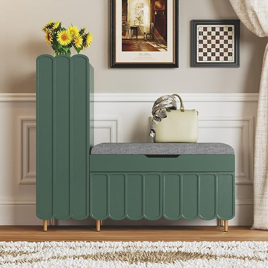 3More Shoe Organizer Cabinet,Entryway Bench with Adjustable Shelves and Cushioned Seat,Unique L-Shaped Bench Cabinet for Entryway, Hallway, Living Room
