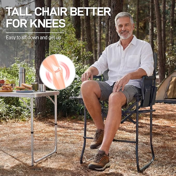 EVER ADVANCED Portable 30.7" Seat Height Tall Folding Camping Chair Directors Chair High Foldable Bar Stool with Side Table for Makeup Artist, Sports Event, Craft Show, Stretch Mesh, Supports 350LBS