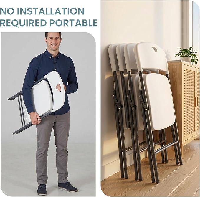 Simple Deluxe 4 Pack Folding Chairs Heavy Duty with Ergonomic Back - Plastic Stackable Portable Dining Chairs Set, for Home and Office, Conference, Wedding, Patio, Garden, for Indoor Outdoor, White