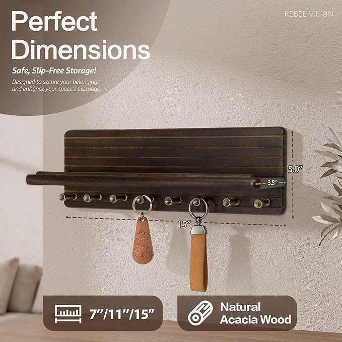 Rebee Vision Acacia Wood Key Holder Wall Mount for Room Decor – Farmhouse Key Holder for Wall with Floating Shelf for Small Plant – Decorative Entryway Organizer for Living Room(Dark Acacia)
