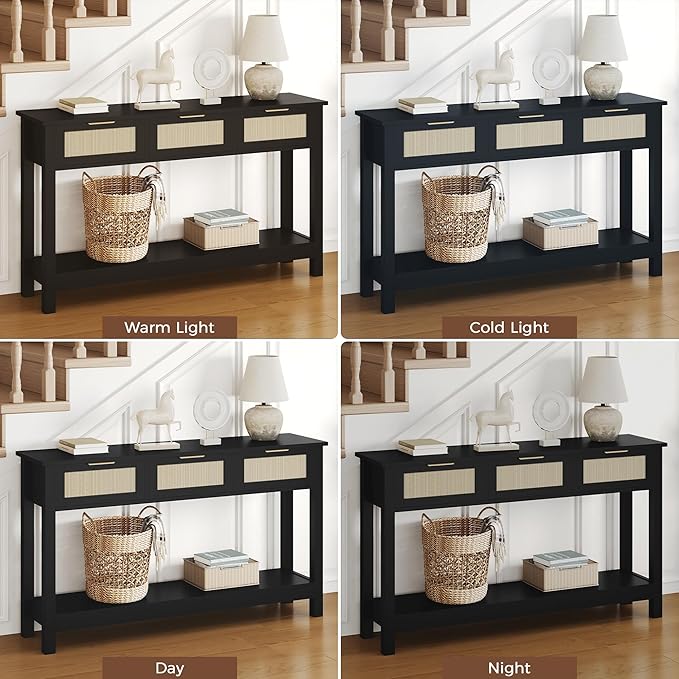 Luoxiao Entryway Table, 47" Rattan Console Tables with 3 Drawers, Narrow Hallway Table for Entryway with Storage Shelf, Slim Sofa Table Behind Couch, Modern Black Foyer Entry Way Table, Easy Assembly
