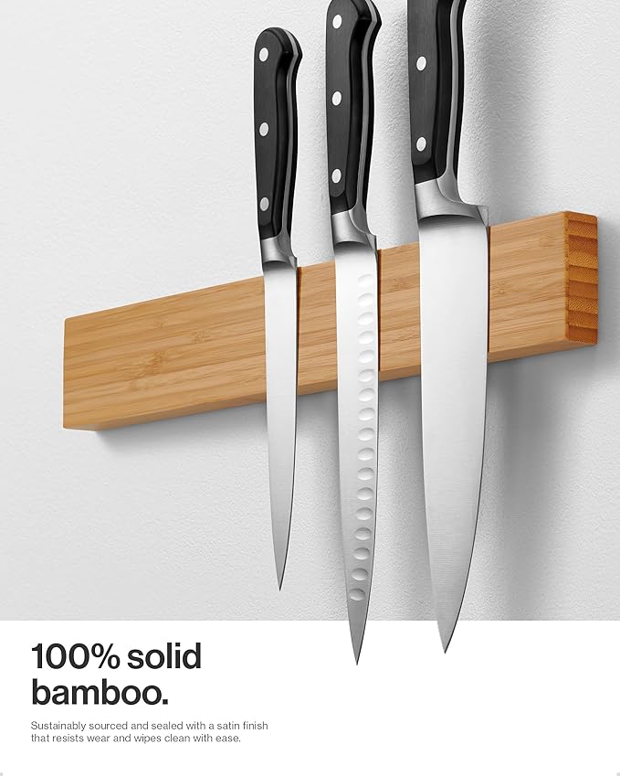 LARHN Magnetic Knife Holder for Wall or Fridge - No-Drill Bamboo Knife Magnetic Strip, 16″ - Renter Friendly