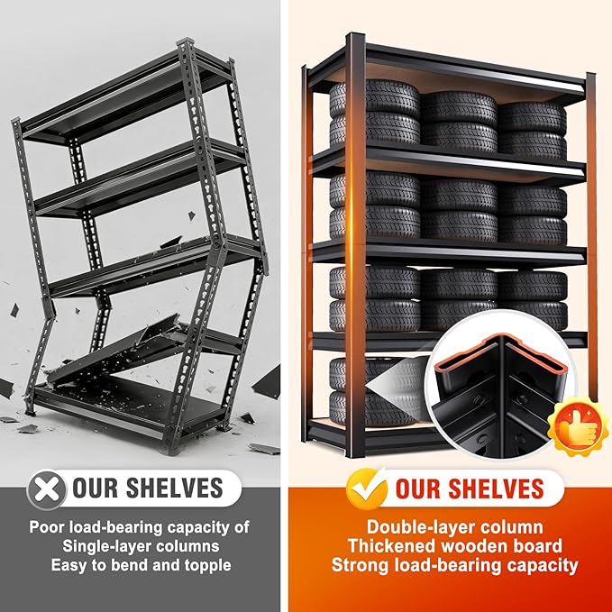 Storage Shelves,Adjustable Shelving Unit,5T Wood Garage Shelving ,Heavy Duty Garage Storage Shelves, Quick-Install Metal Shelving Unit Utility Rack Shelf for Warehouse, Pantry71.2’H*35.4’W*15.7’D