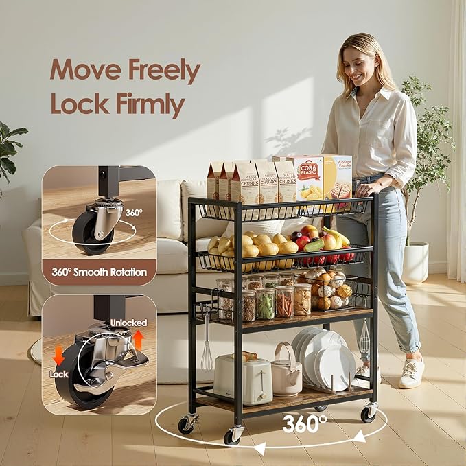 Fruit Vegetable Storage Cart, 4-Tier Rolling Kitchen Storage Cart, Fruit & Vegetables Basket Stand, Snack Organizer Shelf Unit for Kitchen, Bathroom, Living Room, Office, Balcony, Black