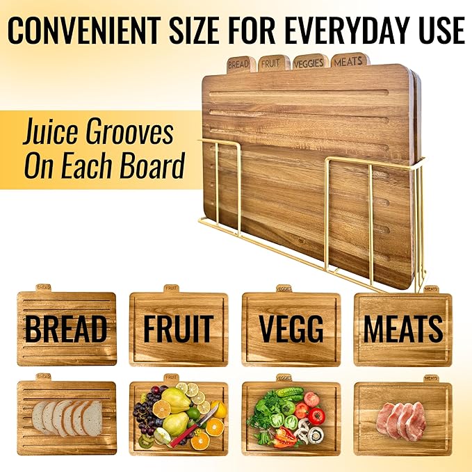 Acacia Cutting Boards for Kitchen with Holder 13" x 11" x 2.5" | Labeled Wood Cutting Board Sets | Large Wooden Cutting Board Set of 4 with Gold Organized Stand | Non Toxic Chopping Board