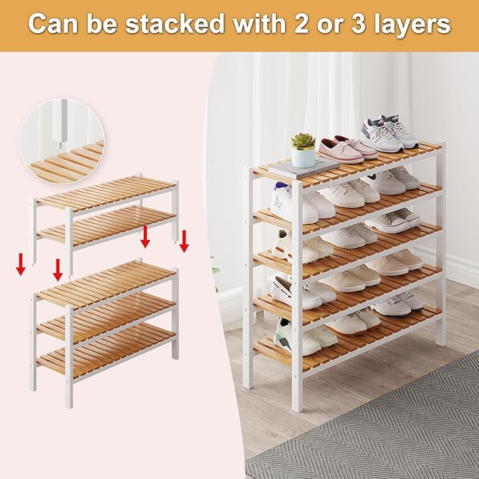 Bamboo Shoe Rack Organizer for Closet and Entryway-Space-Saving Narrow Shoe Stand-Versatile Shoe Holder for Door or Closet Shelf,Garage Bedroom can Freely Stack DIY Small Shoe Racks 3 Tier Mixed color